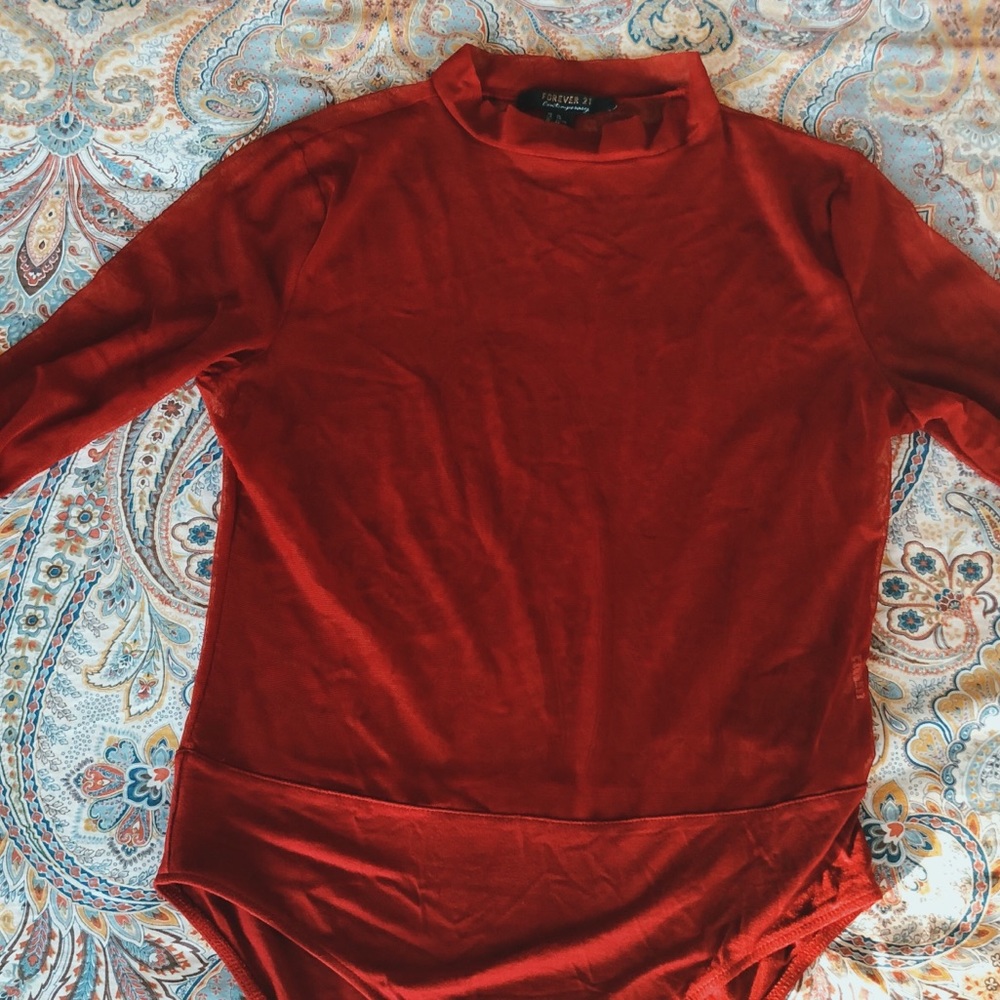 Sheer Red Mock Neck Long Sleeve One-Piece Top